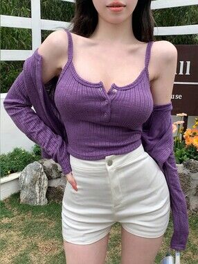 Ribbed PurpleTank Top with Matching Cardigan- Full & Plus Sizes